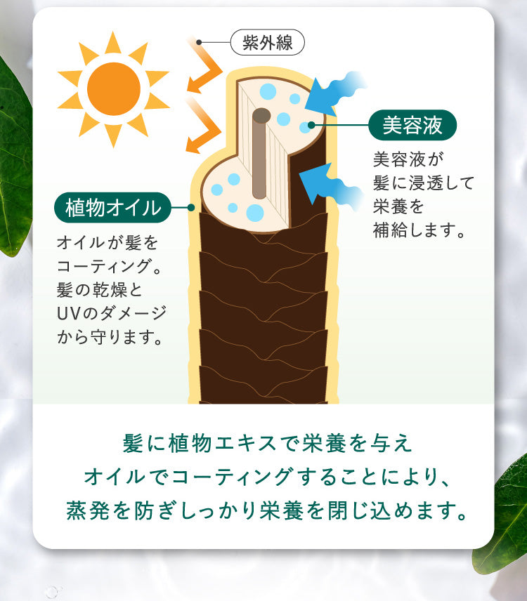 髪に植物エキスで栄養を与えオイルでコーティングすることにより、蒸発を防ぎしっかり栄養を閉じ込めます。